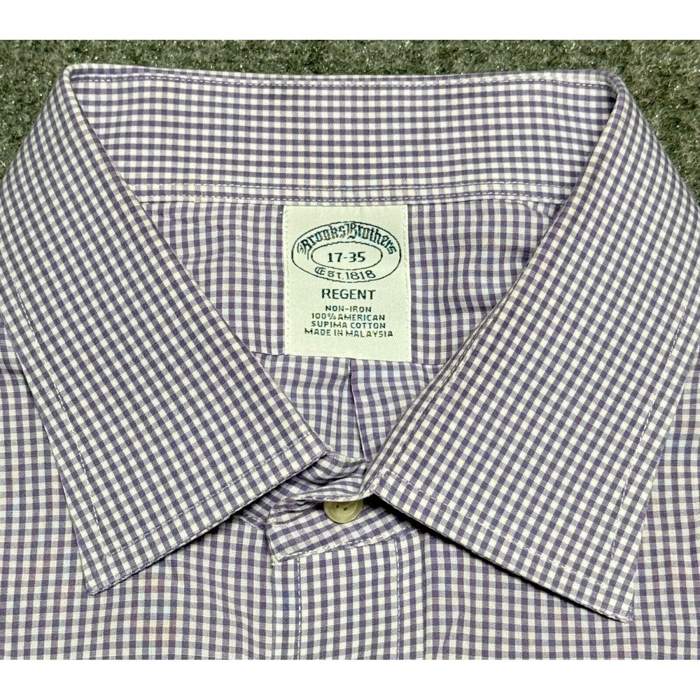 Brooks Brothers Shirt Mens 17 35 Purple Check Non Iron Supima Cotton Regent Fit